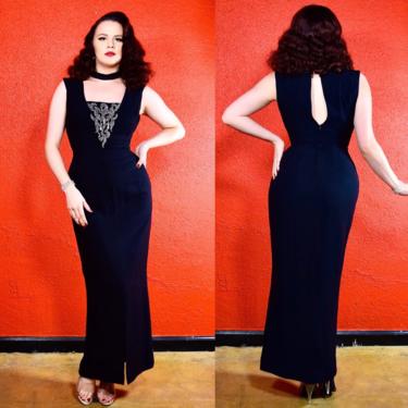 1950s Bombshell Black Crepe Fitted Gown 