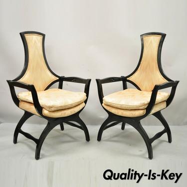 Vintage Hollywood Regency Black Curule Frame Upholstered Lounge Arm Chairs- Pair