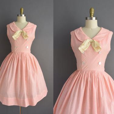 vintage 1950s dress | Pink Gingham Cotton Full Skirt Shirt Dress | Medium | 50s vintage dress 