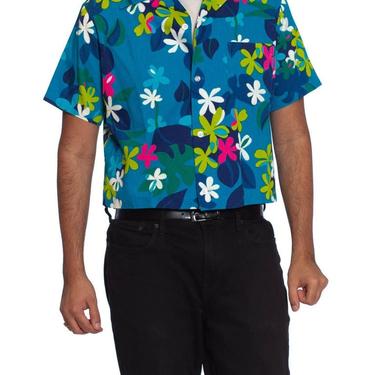 1960S Blue Polynesian Cotton Barkcloth Men’S Mod Floral Hawaiian Shirt 