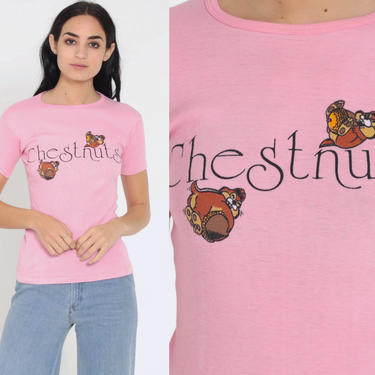 Chestnuts Chipmunk Shirt -- 70s Retro TShirt Baby Pink Graphic Shirt Vintage T Shirt Animal Baby Tee Girly Short Sleeve 80s Small 