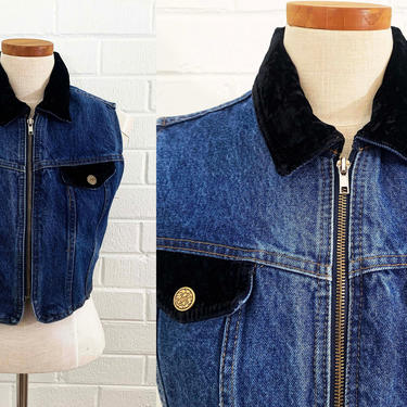 True Vintage Denim Vest 1990s 90s Boho Medium Wash Blue Jean Cropped Christina USA Western Wear Indigo Jacket Velvet Collar Small Medium 