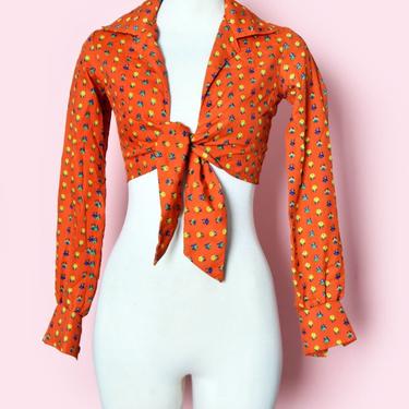 1970's Vintage Blouse, Cropped, Disco, Hippie, Shirt, Top, Red Orange Print Boho 