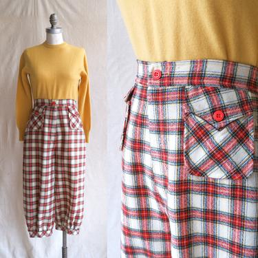 Vintage 70s Plaid Golf Style Knickers/ 1970s High Waisted Cropped Pants with Patch Pockets/ Size medium 