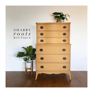 NEW! Gorgeous Mustard Yellow tall Dresser Chest of Drawers antique mahogany bow front wood. San Francisco Bay Area by Shab