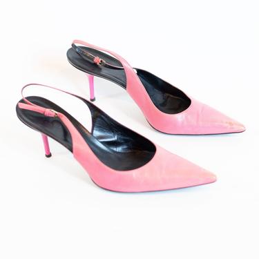 Vintage GUCCI Y2K Hot Pink Leather Slingback Heels sz 9.5 Pointy Toe Pumps Tom Ford Minimal 