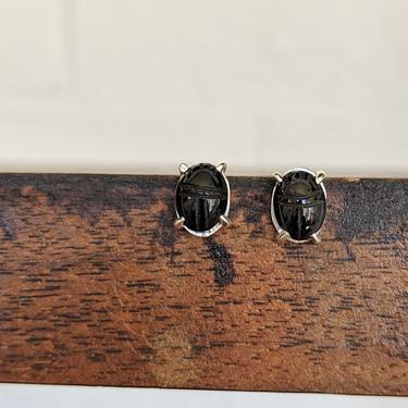 Black Onyx Scarab Amulet Stud Earrings/Silver Claw Prong Earrings/ Egypt Beetle Protection 
