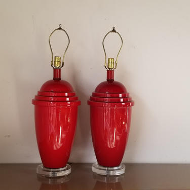 Postmodern Red Glazed Ceramic Table Lamps on Lucite Base - a Pair 