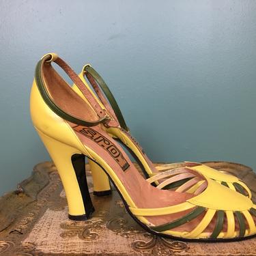 1970s high heels, vintage 70s shoes, yellow and green, cage heels, size 5 1/2, strappy heels, s.r.o. Spain, 70s does 40s, 1970s pumps, disco 
