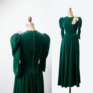 1930s Green Velvet Gown / 30s FOGA Fashion Originators Guild Puff Sleeve Dress 