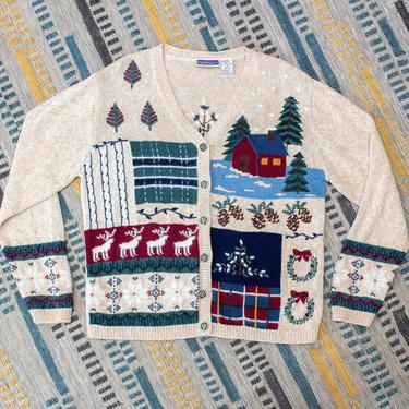 Vintage 2000s Christmas Cardigan Sweater - Beige Cotton Holiday Fair Isle Embroidered Winter Knit Sweater - M 