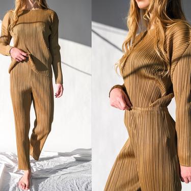 Vintage 90s ISSEY MIYAKE Camel Tan Pleated Blouse & High Waisted Pant Set | Made in Japan | Avant Garde, Pleats Please | 1990s Designer Suit 