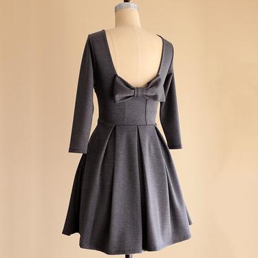 DECEMBER | Charcoal gray bridesmaid dress with elbow sleeves. vintage inspired cocktail dress with back bow. 