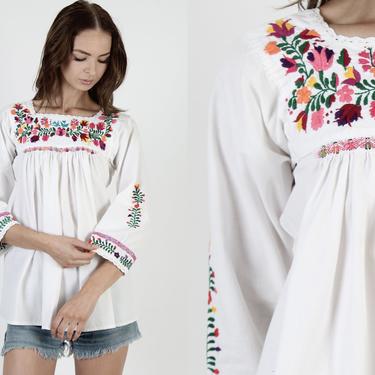 Long Sleeve Oaxacan Top / White Cotton Mexican Tunic / Womans Hand Embroidered Bell Sleeves / San Antonia Floral Puebla Blouse 