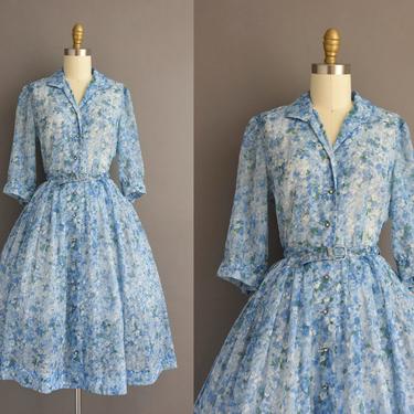 1950s vintage dress | Cay Artley Blue Floral Print Full Skirt Summer Chiffon Dress | Medium | 50s dress 