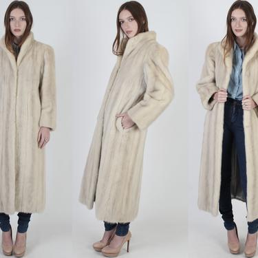 Full Length Blonde Mink Coat / Womens Maxi Length Real Mink Fur Jacket / Vintage 80s Genuine Platinum Plush Cropped Collar Overcoat 