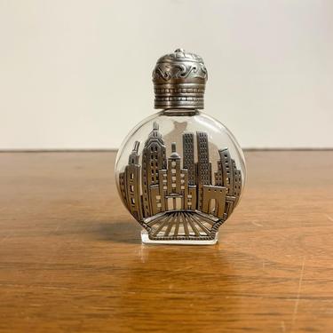 Vintage JJ Jonette Glass Perfume Bottle New York City Skyline Twin Towers Pewter Overlay 