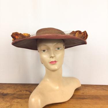 Vintage 40s hat | Vintage milk chocolate brown woven straw bonnet hat  | 1940s Phil Strann millinery 