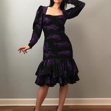 80s UNGARO Parallele ruched long sleeve silk cocktail dress | black and purple floral print poof shoulder | drop waist tiered ruffle dress 