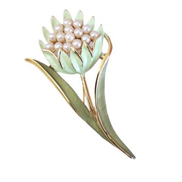 1960s Green & Gold Enamel Pearl Flower Brooch - Vintage Spring Flower Brooch - Vintage Flower Brooch - Vintage Pearl Brooch 