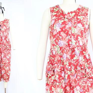 Vintage 80's 90's Laura Ashley Red Floral Jumpsuit / 1990's Summer Floral Jumpsuit with Pockets / Sleeveless / Women's Size Small by Ru