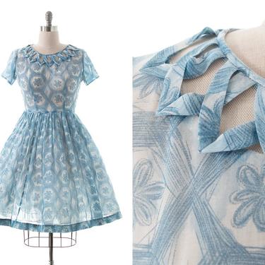 Vintage 1960s Dress | 60s Floral Honeycomb Cutout Latticework Neckline Blue Cotton Voile Fit and Flare Day Dress (medium) 