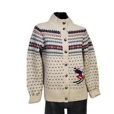 Vintage 1990s LL Bean Fair Isle Cardigan, 100% Lambs Wool Sweater, Jumper, Winter Snow Skier, Ski Lodge Attire, Outdoor Vintage Clothing 