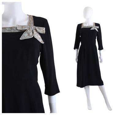 1940s Black Cocktail Dress with Pale Blue Satin Trim & Pearl Beaded Details - 1940s Cocktail Dress - Vintage Cocktail Dress | Size Small 
