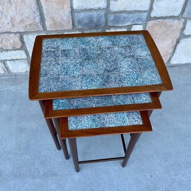 Mid Century Modern Danish Teak and Aqua-Teal Abstract Tile Top Nesting Tables Set 