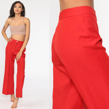 Red Bell Bottom Pants 70s High Waisted Trousers Boho Flared Polyester 1970s High Waist Hippie Vintage Bohemian Small S 27 