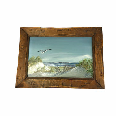 Vintage 70's Framed Beach Scene Ocean Seagull Acrylic Painting, signed Cameron 