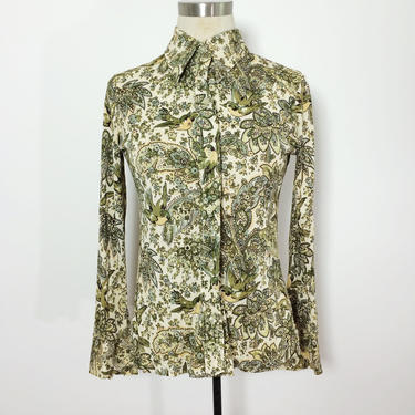 Green Floral Vintage Ladies Button Up / 1970s Polyester Button Up / Bird Print Blouse / Green Paisley 70s Button Up Small / 70s Party 