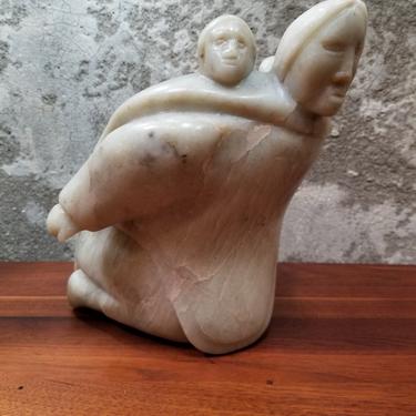 Eskimo / Inuit Mother and Child Carved Soapstone Sculpture 