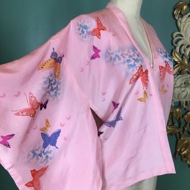 1970s kimono jacket, pink silk, butterfly print, vintage kimono, summer jacket, asian blouse, medium, bohemian style, flapper, bed, robe, 34 