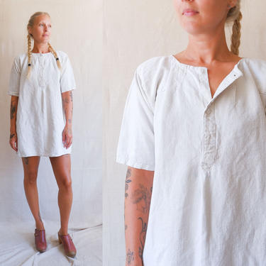 Antique Ecru Linen Mini Dress/ 1900s 1910s White Primitive Short Sleeve Shirt Dress/ Size Medium 