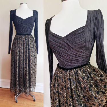 1980s Mary McFadden Couture Evening Dress Gold Brocade Skirt Fortuny Pleated Top / 80s Gala Ball Gown Red Carpet American Designer / S 