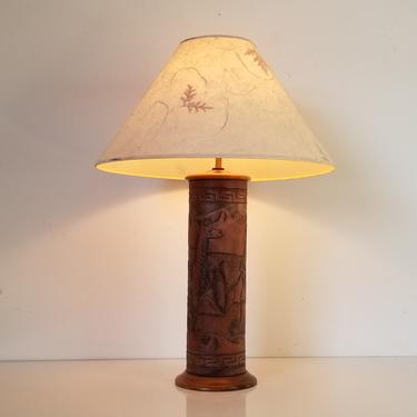 Vintage Peruvian Landscape and Greek Key Design Hand Tooled Leather Table Lamp 