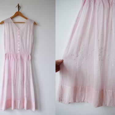 1930s Pink Hungarian Peasant Dress | Vintage 30s Embroidered and Smocked Cotton Dress | XXS/XS 