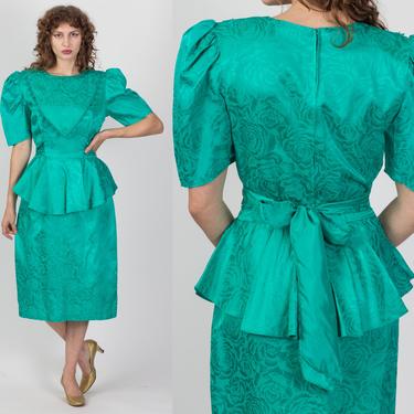 80s Teal Satin Puff Sleeve Party Dress - Medium | Vintage Rose Jacquard Peplum Fitted Waist Midi Dress 