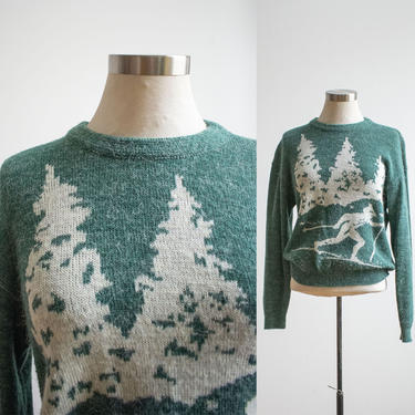 Vintage 1970s Knit Sweater / Vintage Aileen Sweater / Green and White Sweater / Vintage Holiday Sweater / Vintage Ski Sweater Small 