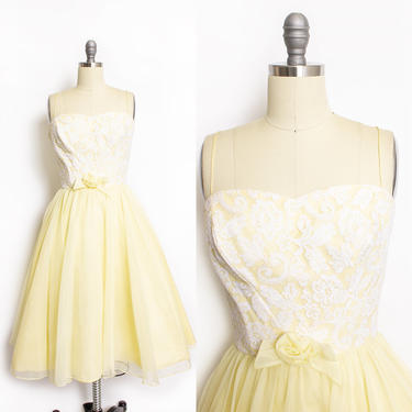 Vintage 1950s Dress Lorrie Deb Yellow Chiffon Lace Full Skirt 50s Small 