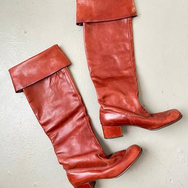 1960s Tall Boots Brown Leather Heeled Mod 6 Italy 