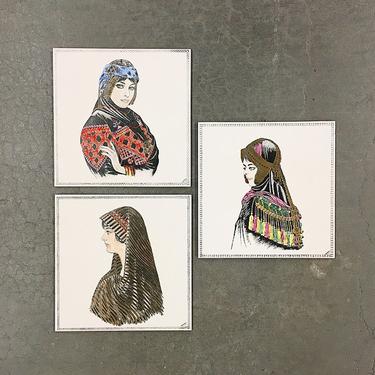 LOCAL PICKUP ONLY Vintage Painted Tiles 1970's Retro Size 13x13 Set of 3 Bohemian Women Portraits on Ceramic Tile Wall Decor by Marzig 