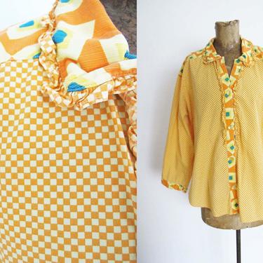 Vintage 60s Checkered Print Shirt Large - 1960s Orange Yellow Mixed Pattern Checkerboard Geometric Long Sleeve Button Up - Colorful Print 