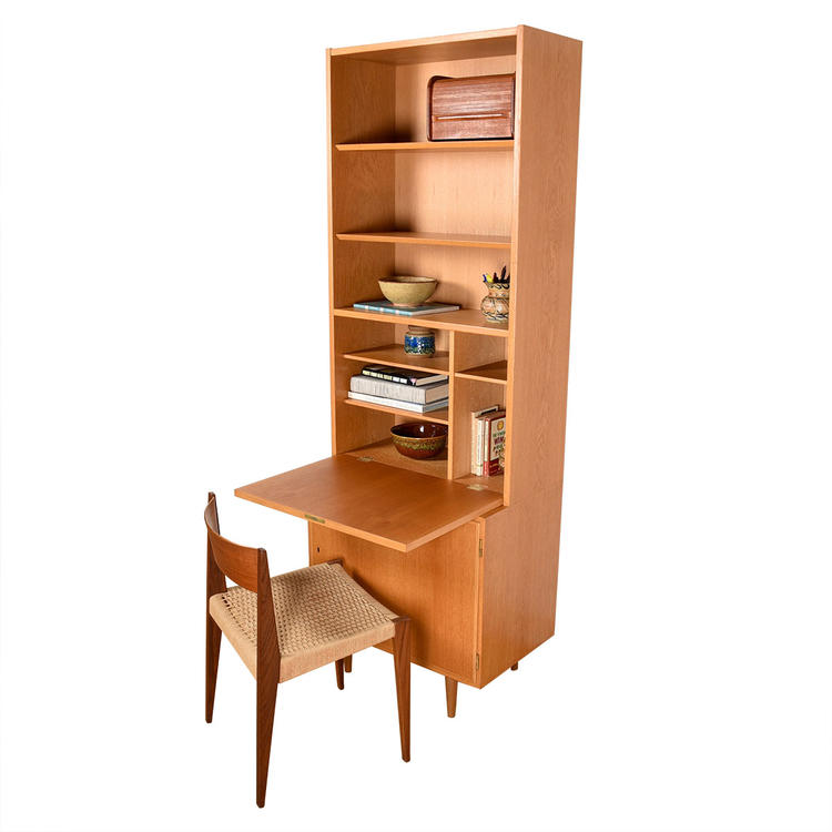 Slim Danish Teak Locking Cabinet + Secretary Bookcase Top
