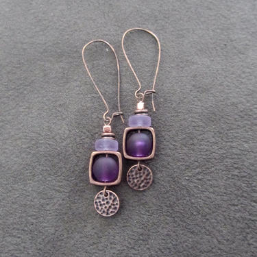 Purple sea glass earrings, boho chic earrings, ethnic earrings, bold earrings, long copper earrings, unique artisan earrings, bohemian 2 