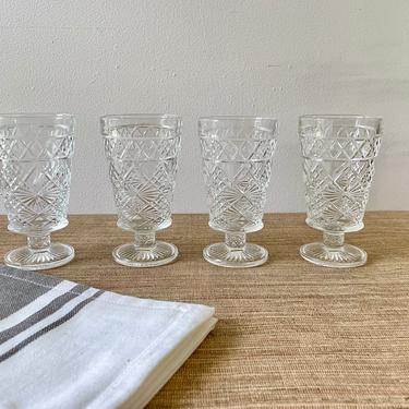 Vintage Globlets - Hazel Atlas Gothic Footed Clear Glassware - Clear Diamond Goblets - Clear Water Goblets - Set of 4 - Glass Stemware 