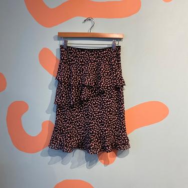 Vintage y2k Betsey and Babs Black and Pink Bias Cut Ruffle High Heel Pattern Two Tier Elastic Waist Skirt 