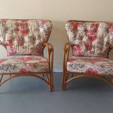 Vintage Modern Heywood Wakefield Rattan Lounge Chairs - Set of 2 