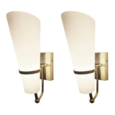 Brass and Frosted Glass Sconces, Italy, 1960s